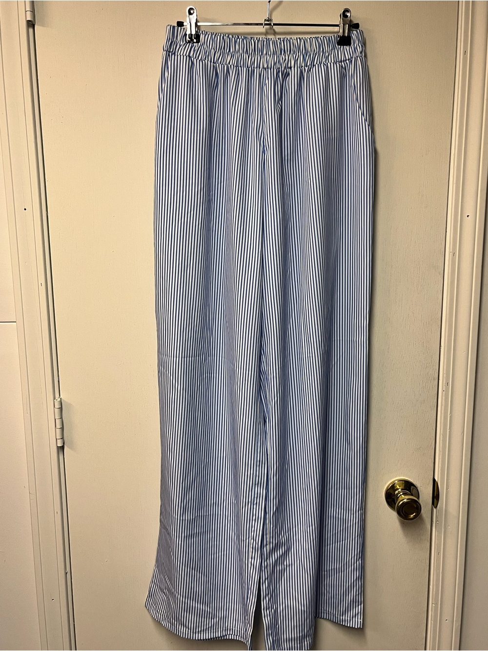 Blue White Striped Wide Leg Pants Womens Large Pull On Elastic Waist Coastal
